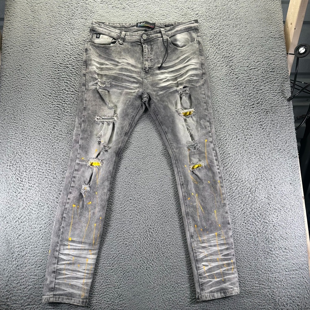 Switch Remarkable Jeans Mens 38x34 Gray Cotton Denim Tapered Leg Slim Distressed